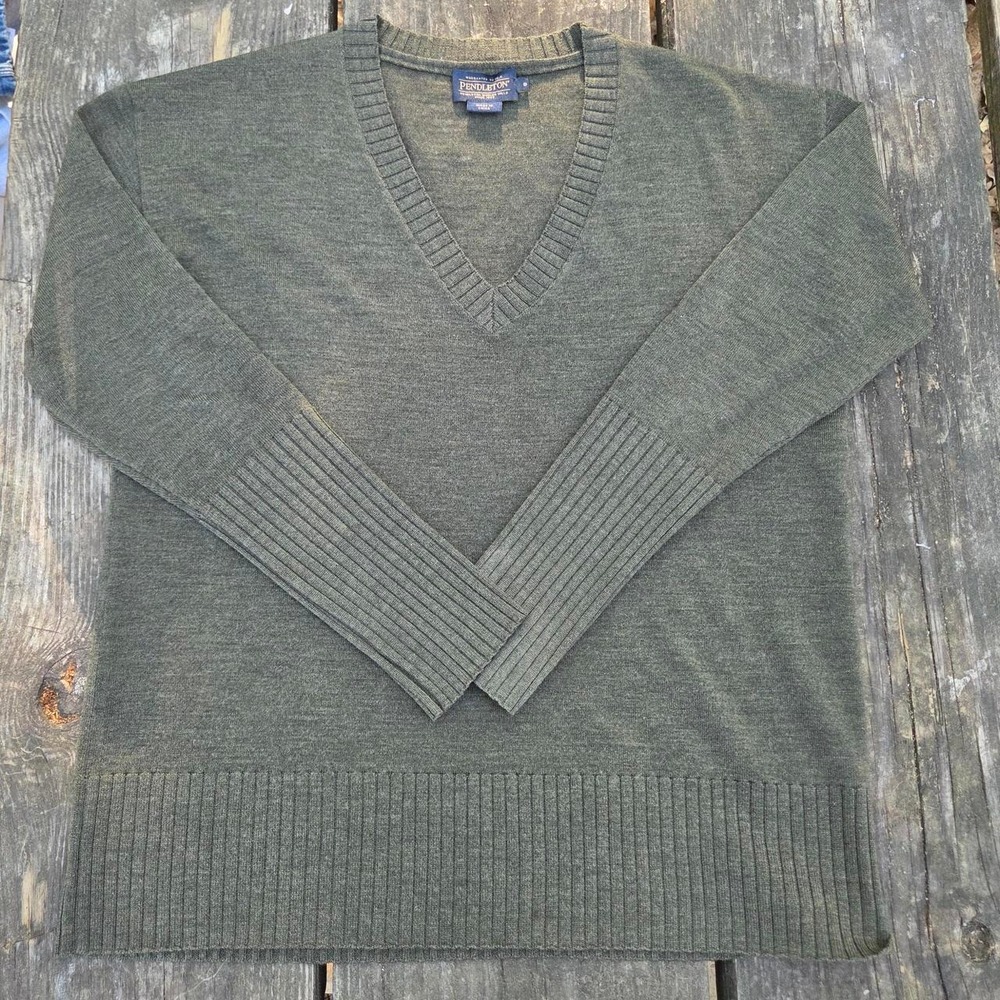 Pendleton Women Olive Green Wool V-Neck Sweater Size Small Ribbed Trim